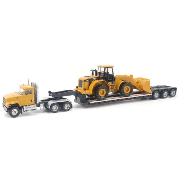 Miniatura Cat CT681 Day Cab 1:87 com Reboque Lowboy e Pá Carregadeira Cat 950G